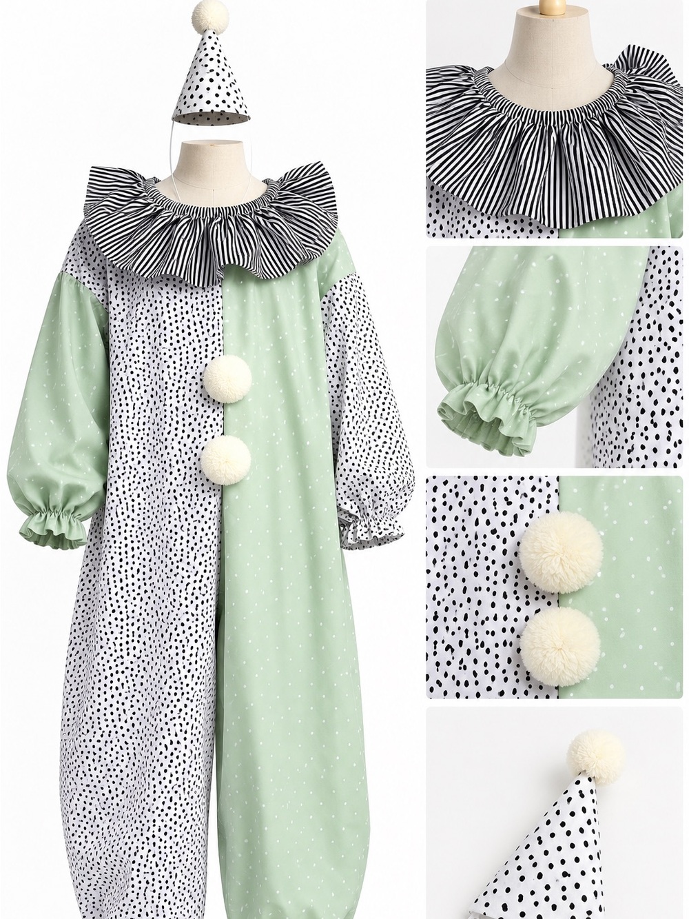 Handmade Men’s Pierrot Clown Costume – Pastel Mint & Black Polka Dot Halloween